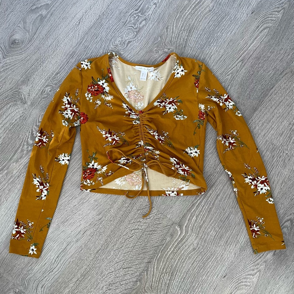 Floral Cinch Front Long Sleeve Crop Top